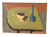 un tableau représentant un vase et un bol posés sur une table