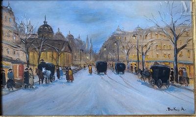 tableau représentant une scène de rue avec une calèche au milieu de la rue