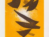 a painting of a yellow square with black birds on it