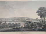 un vieux dessin représentant une vue d'une ville avec un pont enjambant une rivière