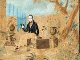 painting of a man sitting on a suitcase with a bird in his hand
