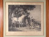 tableau représentant un homme avec un cheval et un chien dans un environnement boisé