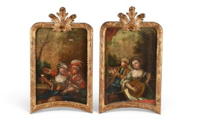 paire de peintures à l'huile françaises du XVIIIe siècle représentant des enfants jouant d'un instrument
