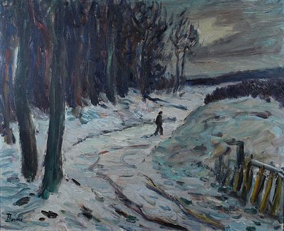 painting of a man walking down a snowy path in the woods