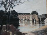 a painting of a castle in the middle of a river