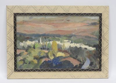 an oil painting of a landscape with mountains in the background