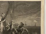 a drawing of a group of people on a boat in the water