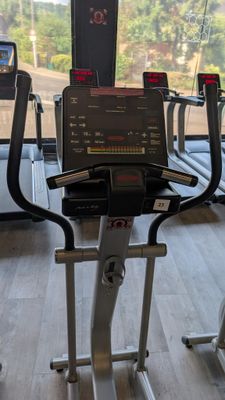 two tread machines in the gym with a view of the trees outside