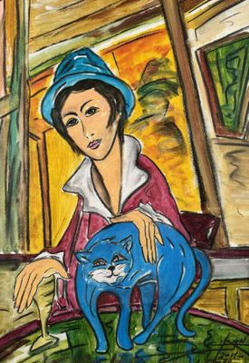 a painting of a woman holding a blue cat