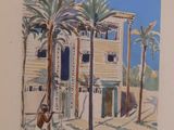 a painting of a man walking in front of a building