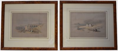une paire d'aquarelles représentant une scène de vie à la ferme