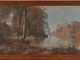 un tableau représentant une rivière, avec des arbres et de l'eau au premier plan