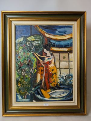une peinture à l'huile représentant une femme en kimono kimono kimono kimono kimono kim