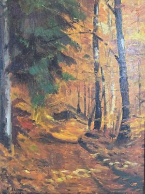 une peinture à l'huile représentant un sentier dans les bois, bordé d'arbres