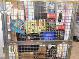 a metal cart with many items in it in a warehouse