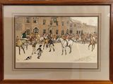 tableau représentant un groupe d'hommes à cheval devant un bâtiment