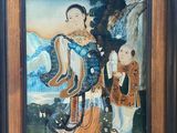tableau représentant une femme et un enfant dans un paysage, en compagnie d'un chien