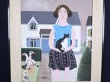 a painting of a woman holding a cat in front of a house