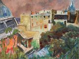 une peinture à l'huile représentant une vue d'une ville surmontée d'un dôme