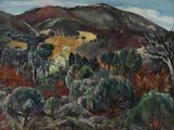 une peinture à l'huile représentant un paysage avec des collines et des arbres au premier plan