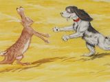 a painting of a dog and a rabbit playing with each other