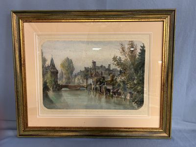 painting of a river scene with a bridge and buildings in the background