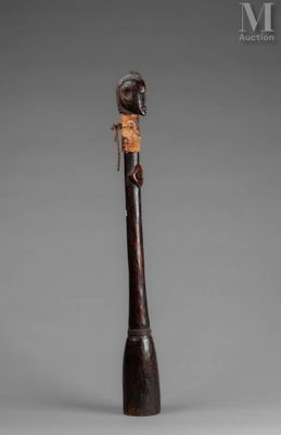 a close up of a wooden stick with a bird on it