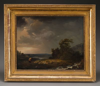 a painting of a landscape with cattle grazing in the foreground