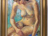 une peinture à l'huile représentant une femme nue assise par terre