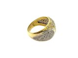 a close up of a gold and diamond ring on a white background