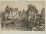 drawing of a view of a castle with a bridge in the foreground and a man on a horse in the foreground