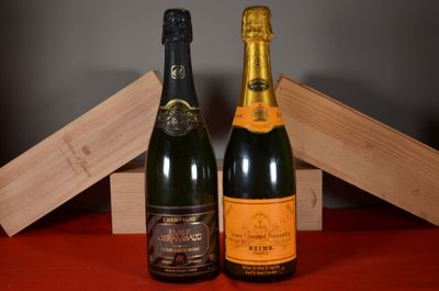 two bottles of champagne sitting next to each other on a table