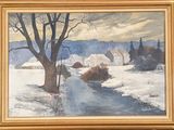 an oil painting of a snowy landscape with a house and trees