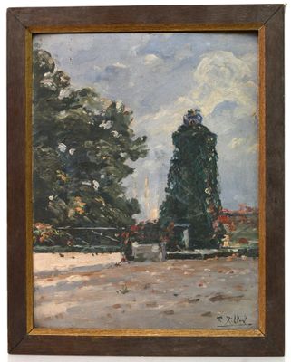 une peinture à l'huile représentant une scène de parc avec des arbres et des personnes