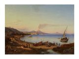 an image of a painting of boats on the water near a mountain
