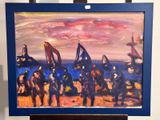 a painting of a group of people standing on a beach