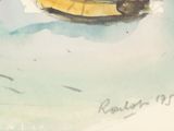 a watercolor painting of a man in a boat on the water