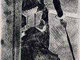 an image of a drawing of a woman with a cane and a dog