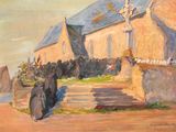 an oil painting of a woman walking down a path in front of a church