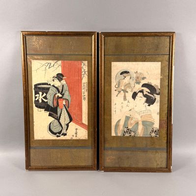 paire de gravures sur bois japonaises représentant une femme et un homme