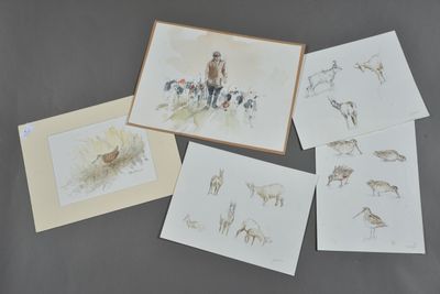 six cards with drawings of animals and people on them on a table