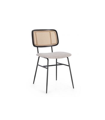 the back of a chair with a black frame and a beige seat