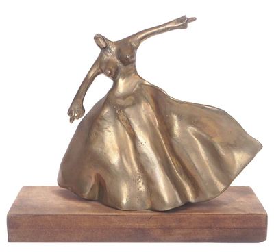 bronze sculpture of a woman in a flowing dress on a wooden base