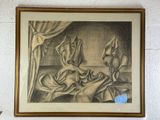 drawing of a woman laying on a bed in a room with white walls