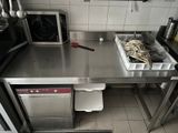 plan de travail en acier inoxydable dans une cuisine professionnelle équipée d'un micro-ondes et d'un lave-vaisselle