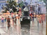 a painting of people walking down the street in the rain