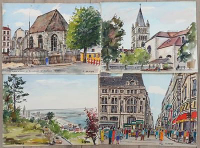 tableau représentant une scène de rue avec des bâtiments et une église en arrière-plan