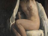 tableau représentant une femme nue assise sur un lit recouvert d'un drap blanc