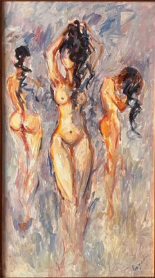 un tableau représentant trois femmes en maillot de bain debout dans l'eau