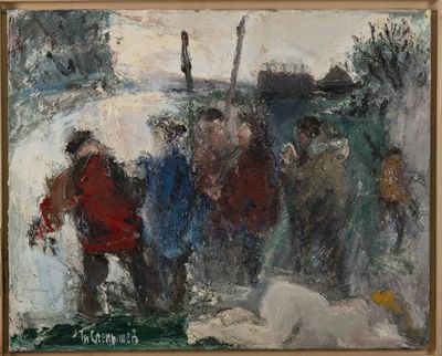 une peinture à l'huile représentant un groupe de personnes debout dans la neige
